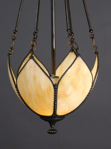 Pair of 6 Panel Leaded Glass Cream Colored Dome Pendant